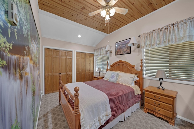 38 N Fairway Dr, Lake Ariel, PA 18436 - bedroom with two closets, carpet, ornamental molding, vaulted ceiling, and wood ceiling