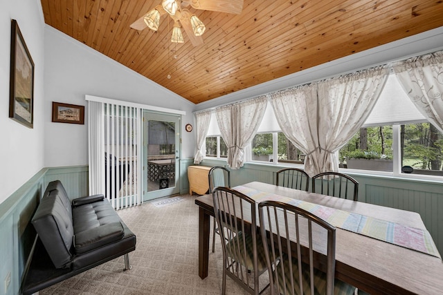 38 N Fairway Dr, Lake Ariel, PA 18436 - dining room featuring wooden ceiling, ceiling fan, vaulted ceiling, and wainscoting