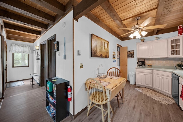 38 N Fairway Dr, Lake Ariel, PA 18436 - kitchen with a wooden ceiling with exposed beams, a ceiling fan, light wood finished floors, light countertops, and backsplash