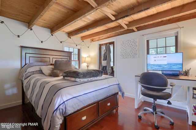 bedroom featuring dark wood-type flooring, wooden ceiling, baseboards, and beam ceiling