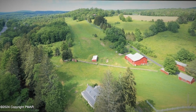 birds eye view of property featuring a rural view and a forest view