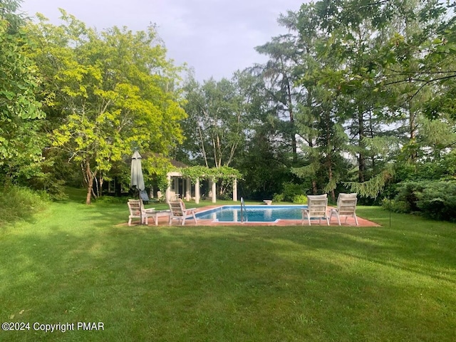 pool with a lawn and a patio