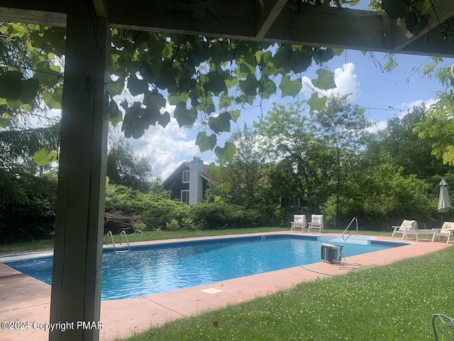 pool with a patio and a lawn