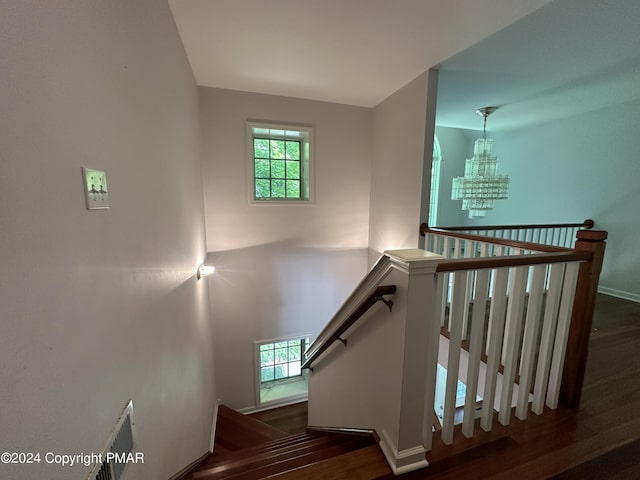 stairs with a healthy amount of sunlight, a chandelier, and wood finished floors