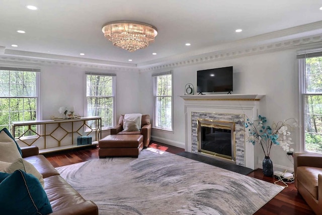 living area featuring plenty of natural light, wood finished floors, a fireplace, and recessed lighting
