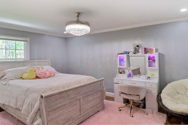 bedroom featuring ornamental molding and recessed lighting
