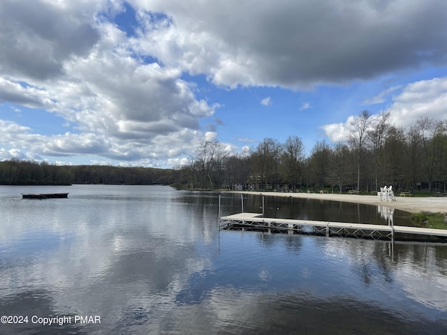 dock area with a water view and a wooded view