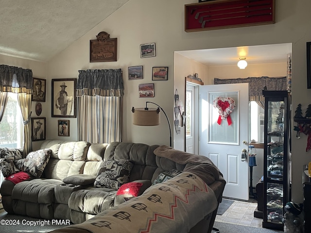 living room featuring lofted ceiling and a textured ceiling