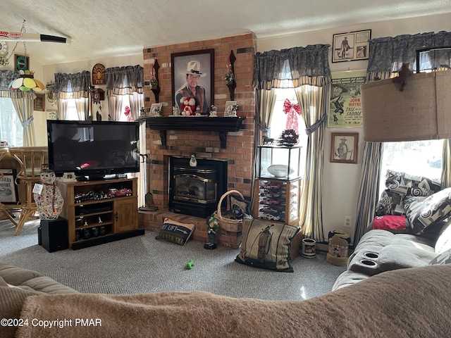 living room featuring carpet floors and a textured ceiling