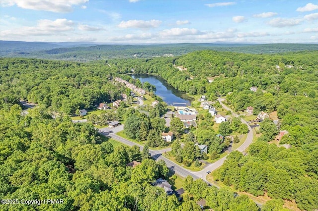 aerial view featuring a water view and a wooded view