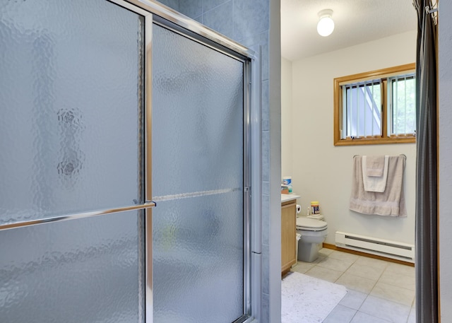 151 Forest Dr, Canadensis, PA 18325 - full bath with a baseboard heating unit, toilet, a shower with shower door, tile patterned floors, and vanity