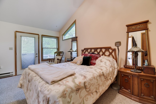 151 Forest Dr, Canadensis, PA 18325 - carpeted bedroom featuring vaulted ceiling, access to outside, and a baseboard heating unit