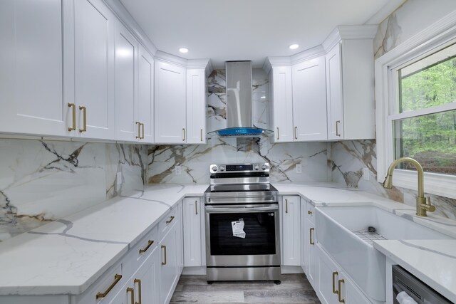 1005 Country Place Dr, Coolbaugh Township, PA 18466 - kitchen with stainless steel range with electric stovetop, range hood, dishwashing machine, white cabinetry, and recessed lighting