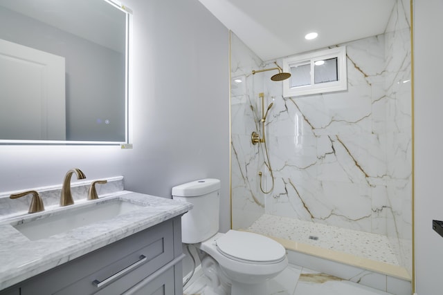 1005 Country Place Dr, Coolbaugh Township, PA 18466 - bathroom featuring toilet, vanity, marble finish flooring, a marble finish shower, and recessed lighting
