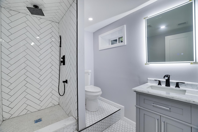 1005 Country Place Dr, Coolbaugh Township, PA 18466 - bathroom with toilet, vanity, tile patterned floors, tiled shower, and recessed lighting
