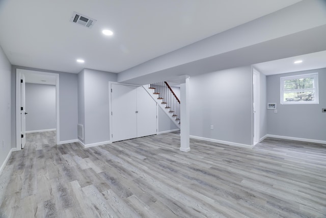 1005 Country Place Dr, Coolbaugh Township, PA 18466 - basement featuring stairs, light wood-type flooring, baseboards, and recessed lighting