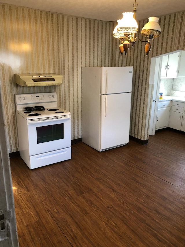 kitchen featuring wallpapered walls, white appliances, exhaust hood, and dark wood finished floors