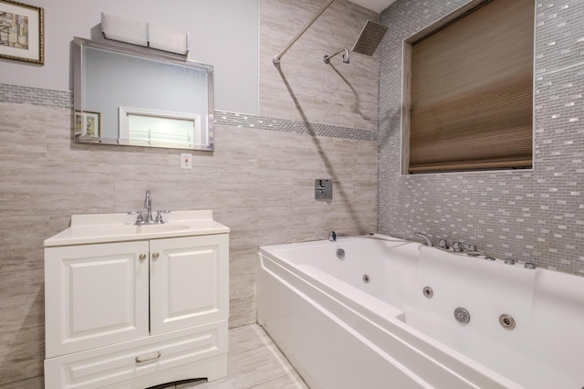 5104 Lake Dr, East Stroudsburg, PA 18301 - bathroom featuring tile walls, vanity, and a combined bath / shower with jetted tub