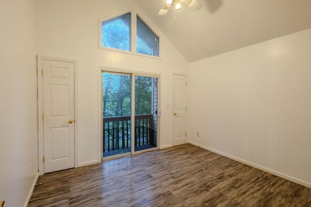 5104 Lake Dr, East Stroudsburg, PA 18301 - empty room with high vaulted ceiling, wood finished floors, and a ceiling fan