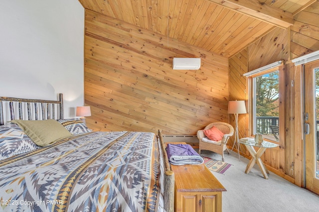 carpeted bedroom with lofted ceiling, wooden walls, and wooden ceiling