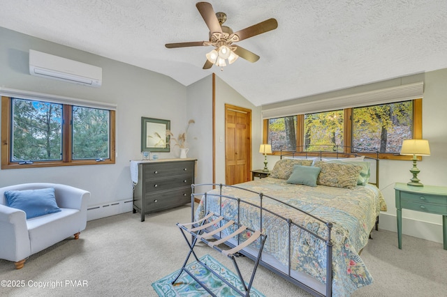 carpeted bedroom with lofted ceiling, a textured ceiling, a wall mounted air conditioner, ceiling fan, and a baseboard radiator