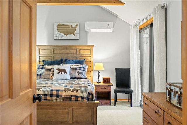 carpeted bedroom with a wall mounted air conditioner, baseboards, and vaulted ceiling