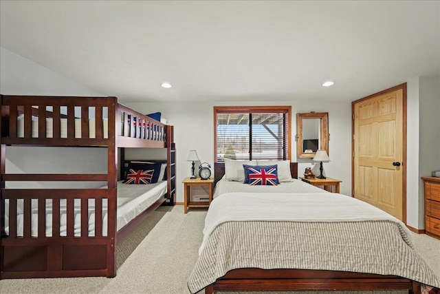 bedroom featuring recessed lighting, baseboards, and carpet