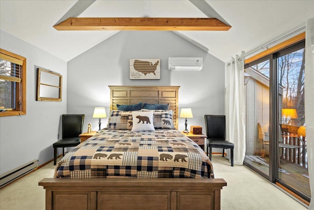 bedroom with an AC wall unit, vaulted ceiling with beams, baseboard heating, and light carpet