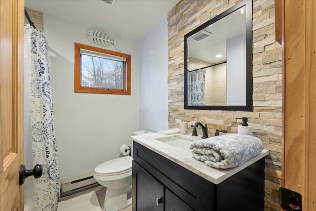 bathroom featuring vanity, visible vents, a baseboard radiator, curtained shower, and toilet