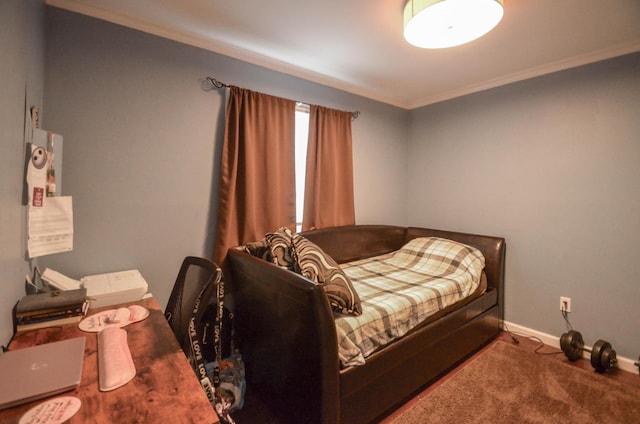 bedroom with carpet floors, baseboards, and ornamental molding