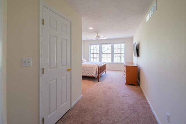 355 Windy Bush Rd, Pocono Pines, PA 18350 - bedroom featuring light colored carpet, baseboards, a textured ceiling, recessed lighting, and ceiling fan