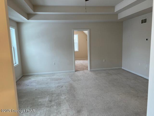 carpeted empty room with a raised ceiling