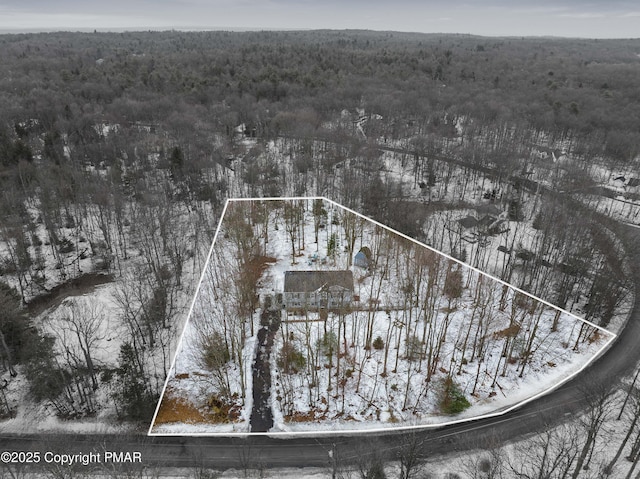 snowy aerial view featuring a view of trees