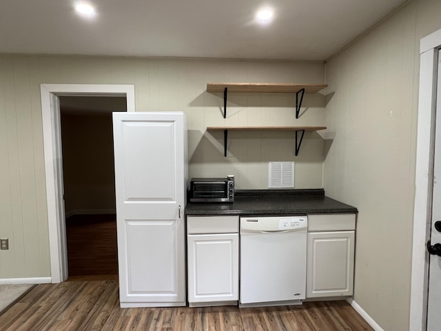 171 Linden Loop, Pocono Summit, PA 18346 - kitchen with white dishwasher, wood finished floors, dark countertops, open shelves, and white cabinets