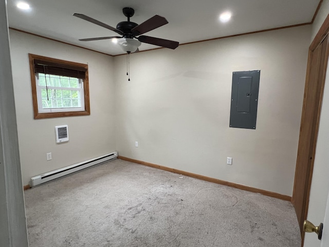171 Linden Loop, Pocono Summit, PA 18346 - carpeted empty room featuring electric panel, a baseboard radiator, a ceiling fan, and crown molding