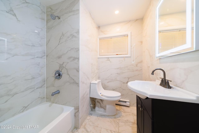 bathroom with stone wall, a baseboard radiator, toilet, vanity, and marble finish floor