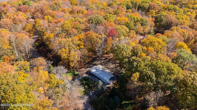 bird's eye view with a wooded view