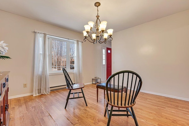 34 Heath Ln, Mount Pocono, PA 18344 - dining room with baseboard heating, a chandelier, light wood-style floors, and baseboards