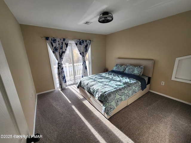 bedroom with access to outside, baseboards, visible vents, and carpet