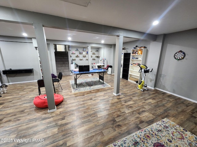 game room with recessed lighting, baseboards, and wood finished floors