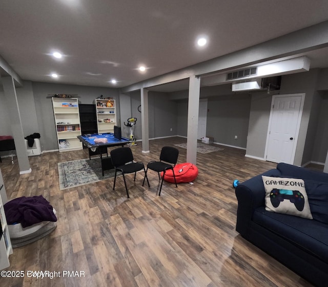 playroom featuring recessed lighting, wood finished floors, visible vents, and baseboards