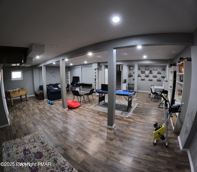 exercise room featuring recessed lighting, pool table, baseboards, and wood finished floors