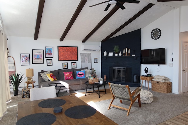 5306 Ledgewood Dr, Tobyhanna, PA 18466 - living area with beamed ceiling, an AC wall unit, a ceiling fan, and a brick fireplace