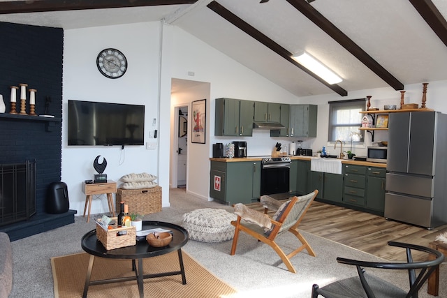 5306 Ledgewood Dr, Tobyhanna, PA 18466 - living area featuring a brick fireplace, light wood-style flooring, high vaulted ceiling, and beam ceiling
