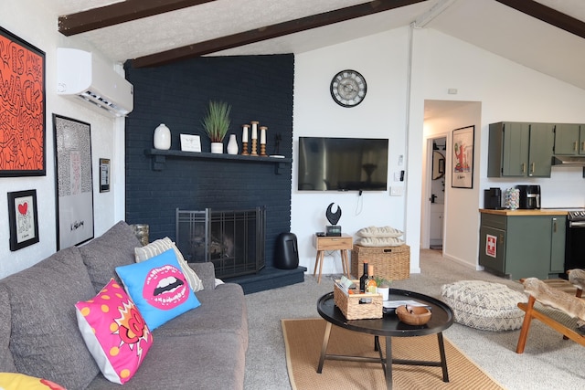 5306 Ledgewood Dr, Tobyhanna, PA 18466 - living room with carpet, a wall mounted air conditioner, a fireplace, beam ceiling, and high vaulted ceiling