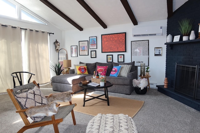 5306 Ledgewood Dr, Tobyhanna, PA 18466 - living room with lofted ceiling with beams, a brick fireplace, a wall mounted AC, and carpet