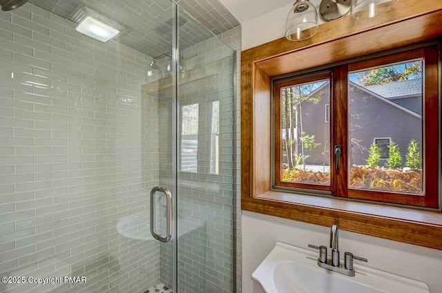 bathroom featuring a sink and a shower stall