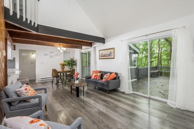 2162 Glasgow Dr, Bushkill, PA 18324 - living area with dark wood-style floors, a chandelier, high vaulted ceiling, and beamed ceiling