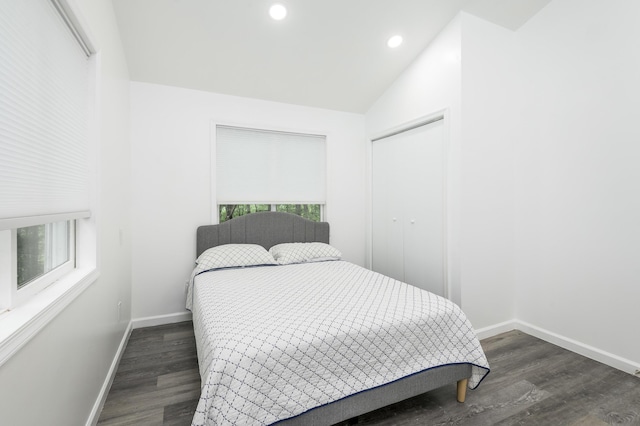 2162 Glasgow Dr, Bushkill, PA 18324 - bedroom with dark wood-style flooring, lofted ceiling, recessed lighting, and a closet