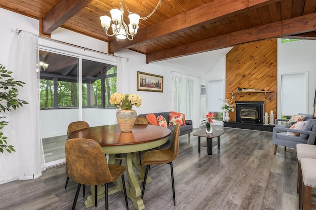 2162 Glasgow Dr, Bushkill, PA 18324 - dining space featuring a chandelier, wooden ceiling, wood finished floors, and a fireplace with raised hearth